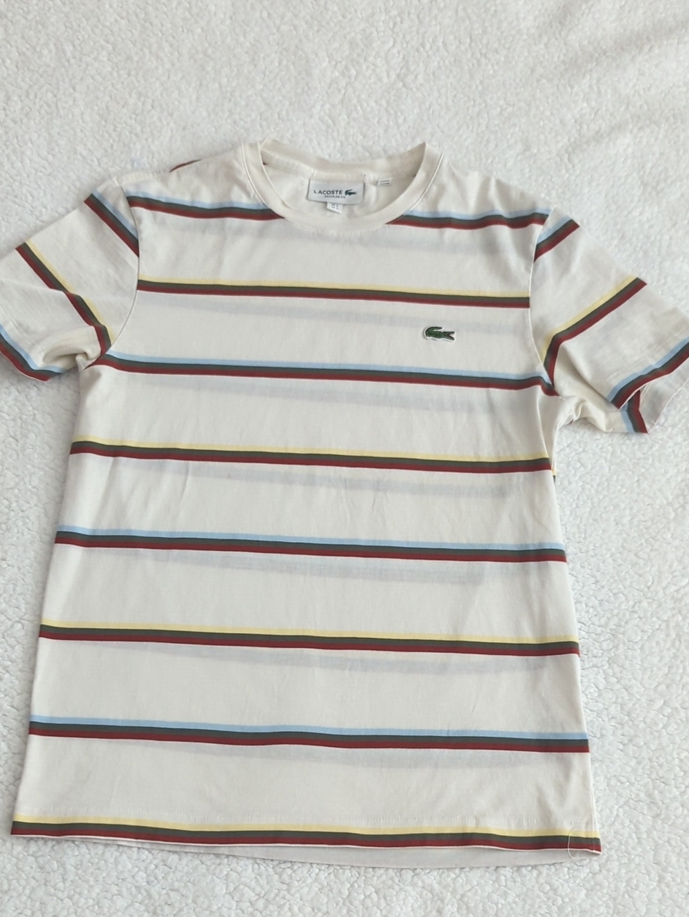 Lacoste Cream Tee with Blue, Red & Yellow Stripes